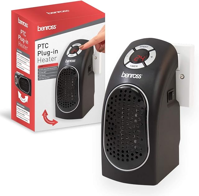 Benross 41499 PTC Plug In Heater / Adjustable Thermostat / Rotating Function / LED Timer Control