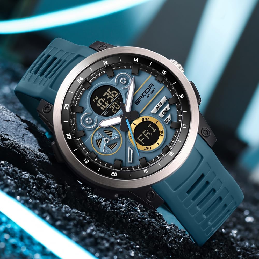 KXAITO Men's Stainless Steel case Sports Watch Military Watch Outdoor LED Stopwatch Digital Electronic Large Dual Display Waterproof Tactical Army Wrist Watches for Men