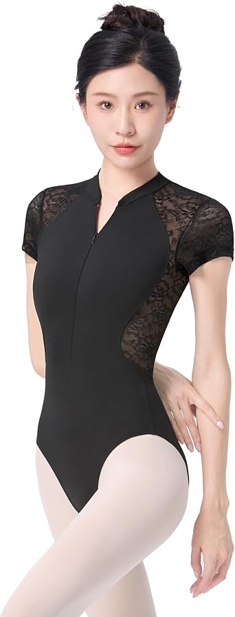Womens Zip Front Bodysuit for Ballet Dance,Short Sleeve Gymnastics Leotard Lace Back