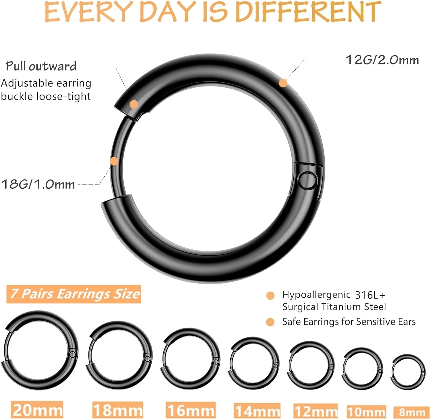 Stud Hoop Earrings Set 7 Pairs Hypoallergenic Cubic Zirconia Titanium Stainless Steel Silver Rose Gold Black 2-8mm CZ Cartilage Helix Flatback Ball Stud Hinged Sleeper Hoop Earrings Sets for Women Men - Image 2