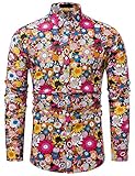 fohemr Mens Floral Shirt Casual Button Down Long Sleeve Flower Printed Shirt 100% Cotton Pink Floral Print XX-Large