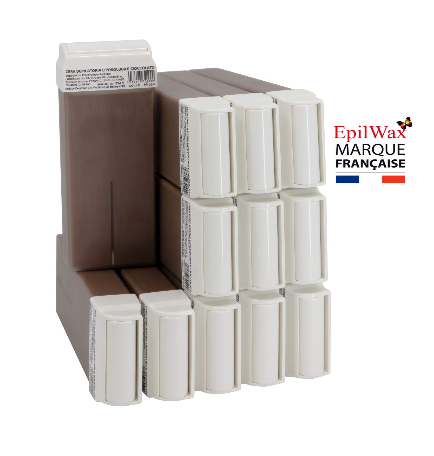 EpilWax Royal Complete Epilations-Kit mit: Professionellem Wachswärmer,12 Roll-On Wachs 100 ml Schokolade (Duft),100 Enthaarungsstreifen,1 Flasche 250 ml Öl nach der Enthaarung (Royal Chocolat 12)