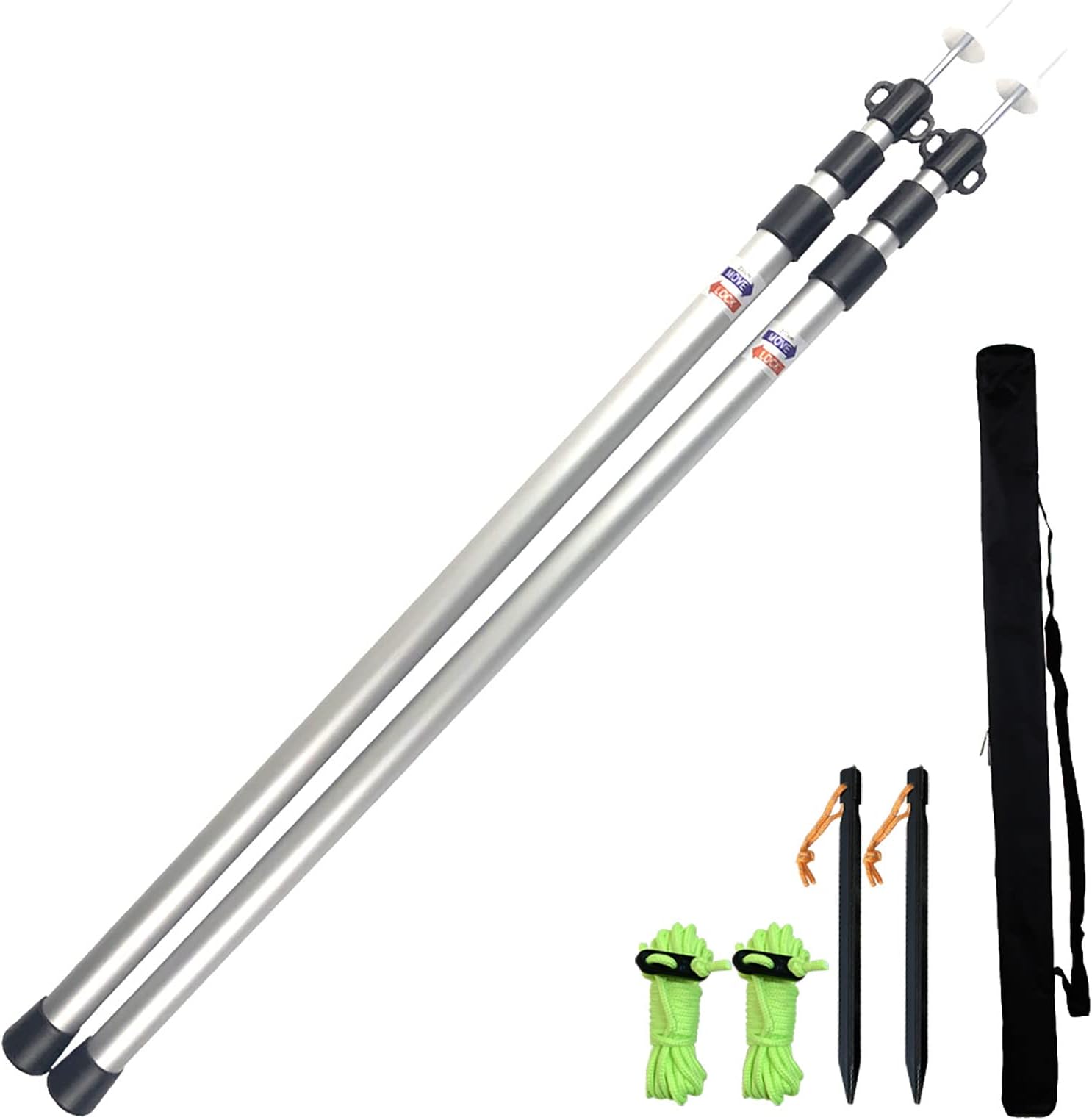 Telescopic Tarp Poles Set of Two, Adjustable Awning Poles for Tent Fly, Camping, Shelter, Awning, RV Car & Motorcycle Camping, Garden, Strong Aluminum 230CM with Zipper Bag