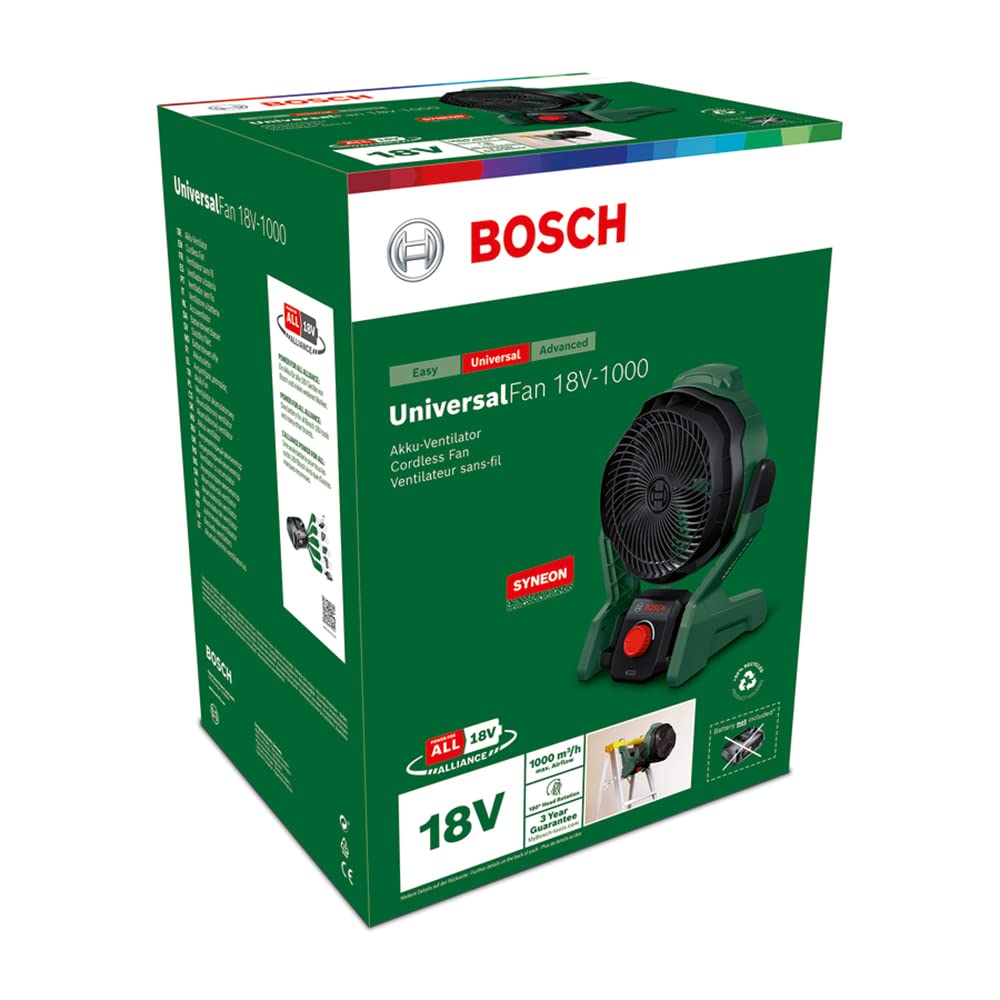 Bosch Ventilatore portatile a batteria UniversalFan 18V-1000 (senza batteria, sistema 18 volt, per fai da te, campeggio e altro ancora, volume del flusso d'aria: 1.000 m³/h, in confezione di cartone)