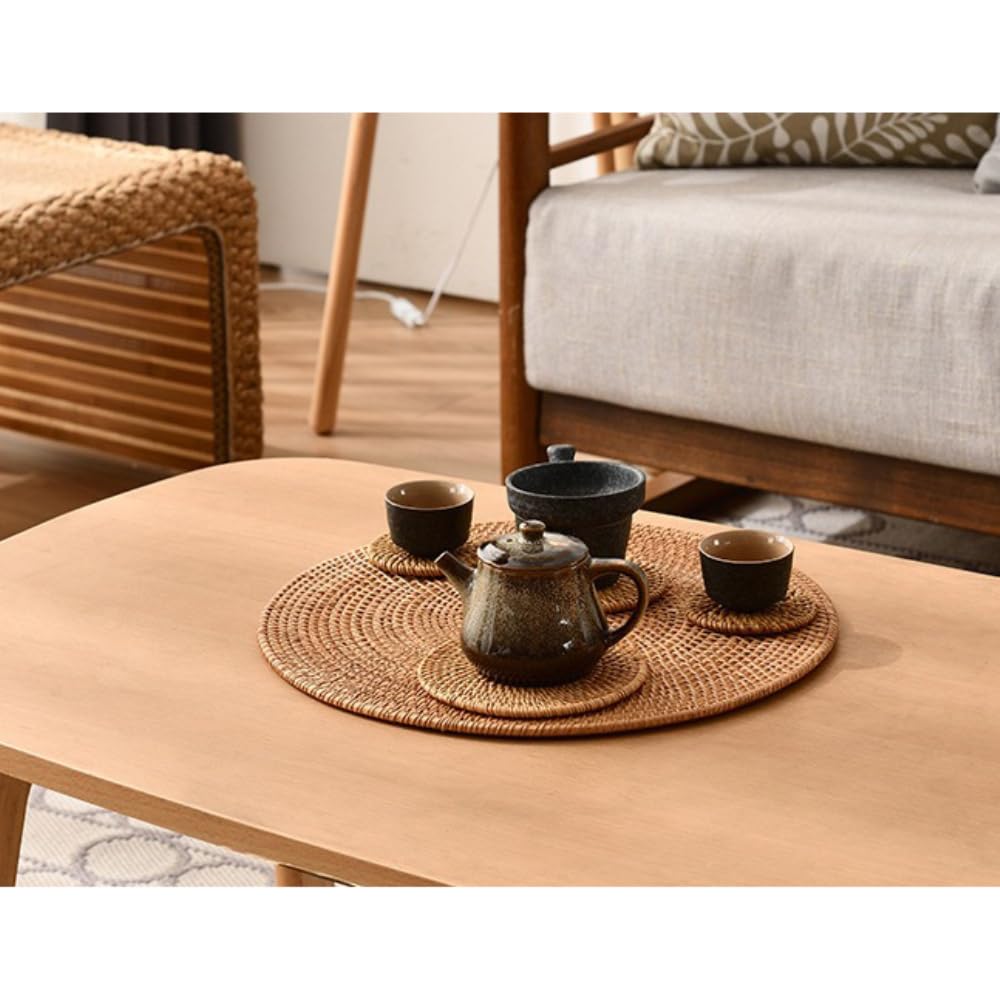 Rattan Untersetzer 2er Set handgefertigt,geflochtene Tischuntersetzer rund für Getränke Tassen Schüsseln Töpfe,hitzebeständig Platzdeckchen Boho Tischdeko für Zuhause Küche Esstisch,Kaffee,35cm