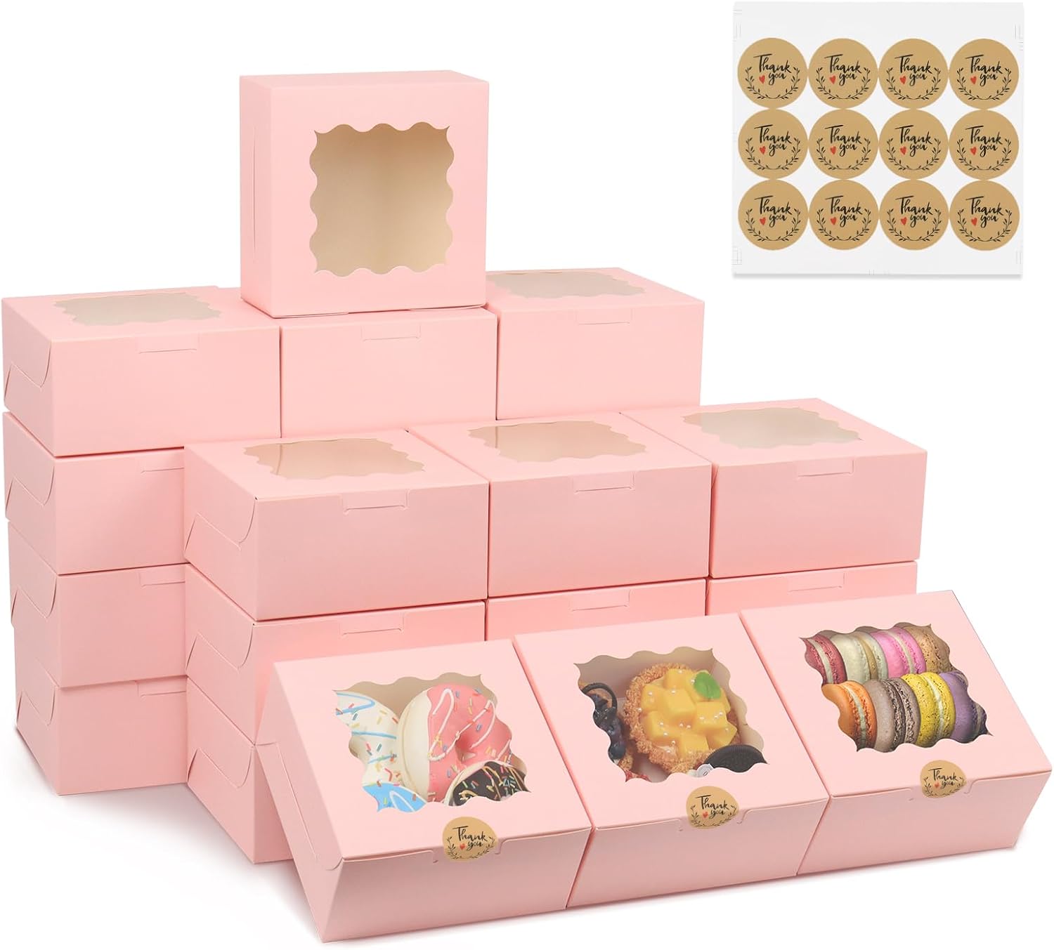 100 pcs 6x6x3 Inch Cookie Boxes with Window, Pink Cookie Boxes for Gift Giving, Bakery Boxes for Cookies, Macarons, Donuts, Pastries