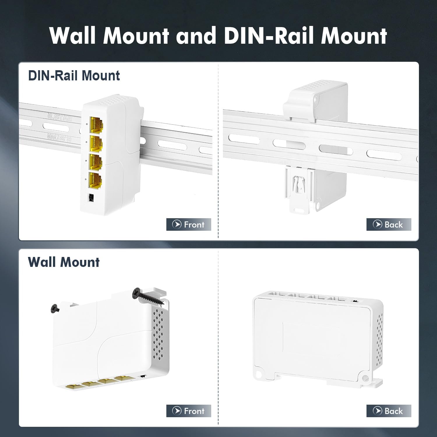 Images showing the PoE extender mounted on a DIN rail and directly on a wall