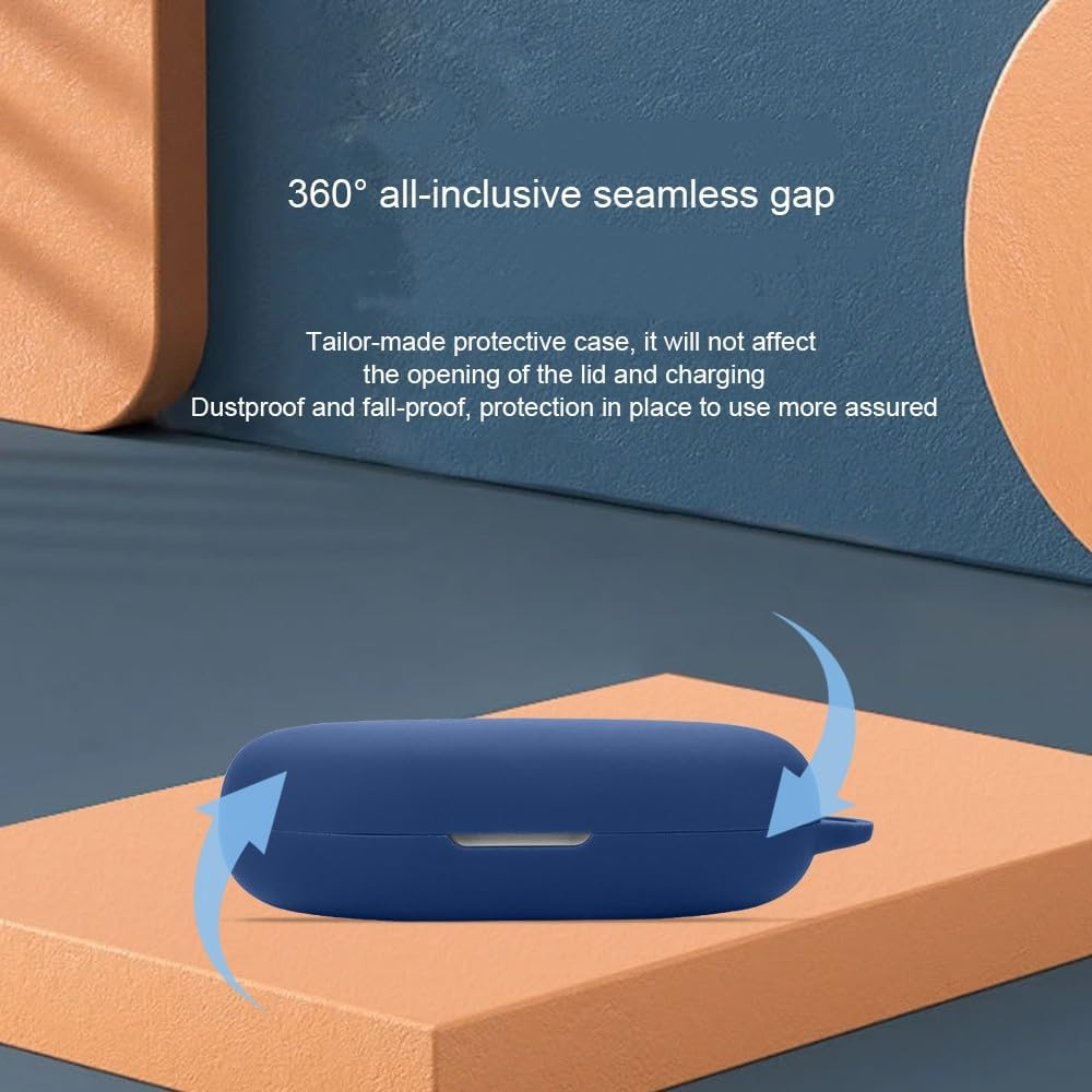 Blue silicone case illustrating 360-degree all-inclusive seamless gap protection with arrows indicating coverage.