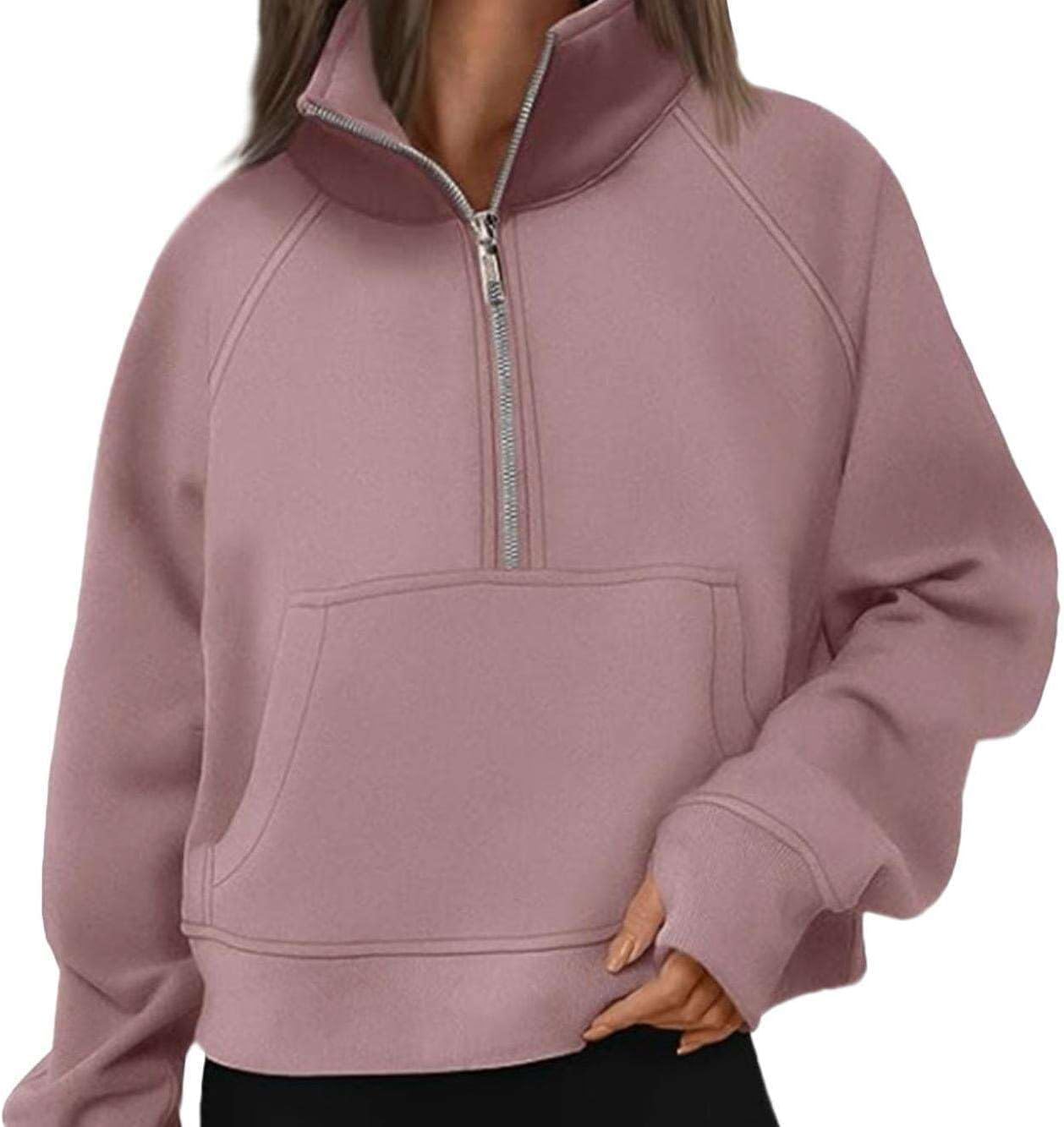 Womens' Sweatshirts 2025 Fall Solid High Neck Pullover Half Zipper Hoodies Outfits Clothes with Pocket