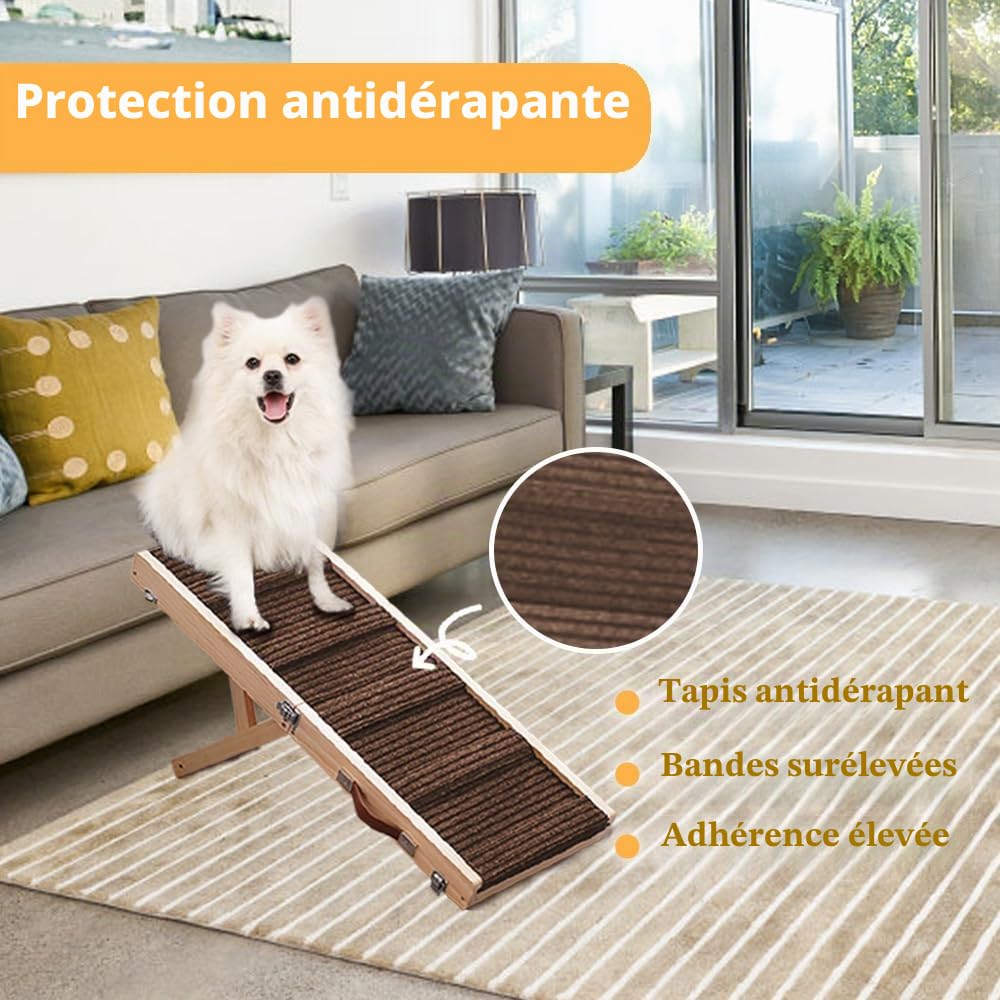 Rampe d'escalade pour chien réglable pliable 81,3 cm bois tapis antidérapant pour petits chiens