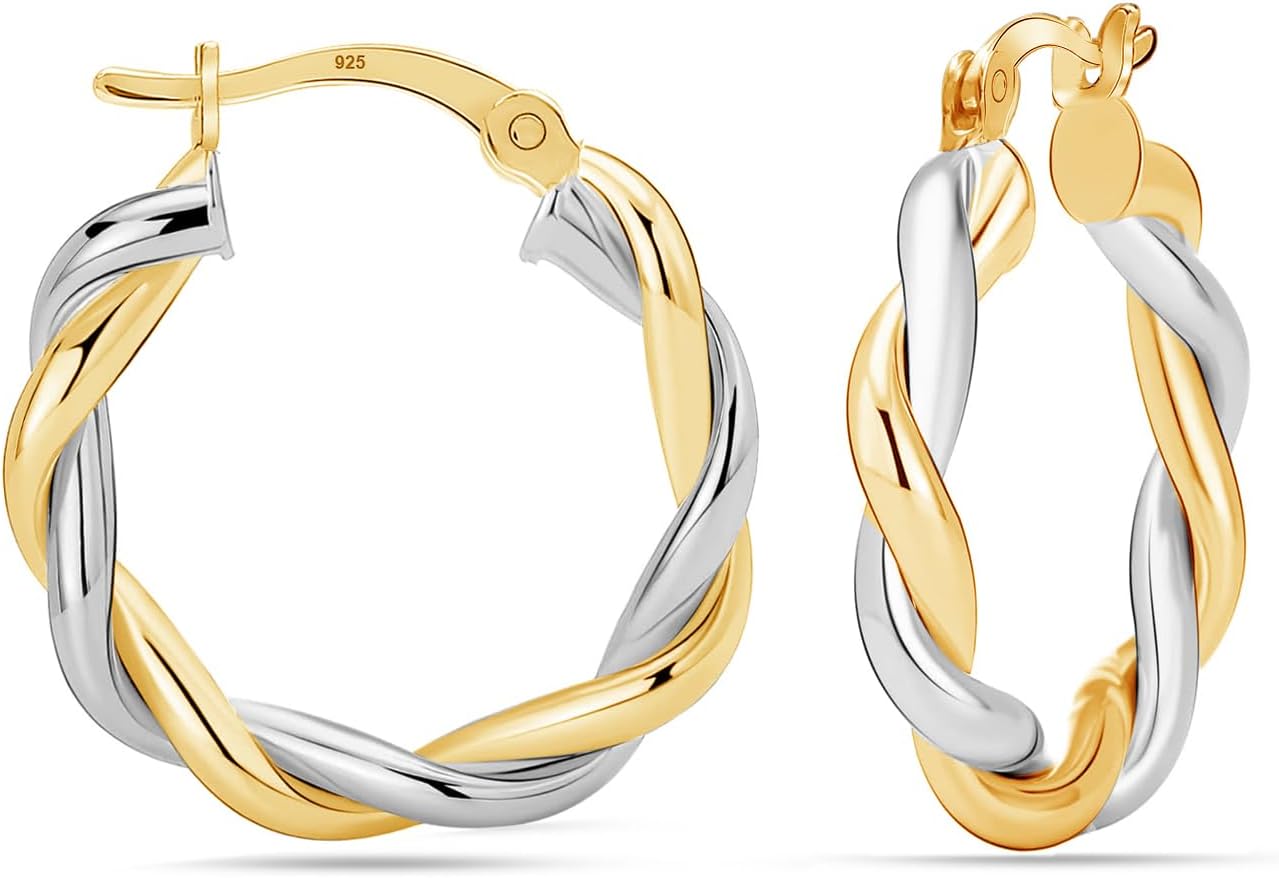 LeCalla Real 925 Sterling Silver Textured Two-Tone Three-Tone 14K Gold Plated Lightweight Italian Design Hoop Earrings for Women Diameter 25,30,40,45,50mm