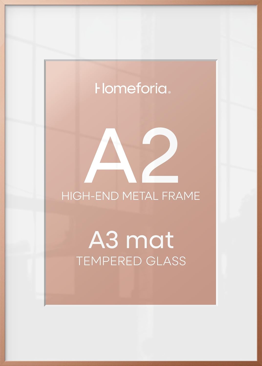 Homeforia A2 Poster Frame Rose Gold, High End Metal A2 Picture Frame Rose Gold with Mat A3 for Print, 16.5x23.4 Frame Matted to 11.7x16.5 Photo, 16.5 by 23.5 Frames, Tempered Glass, Wall Kit, Set of 1