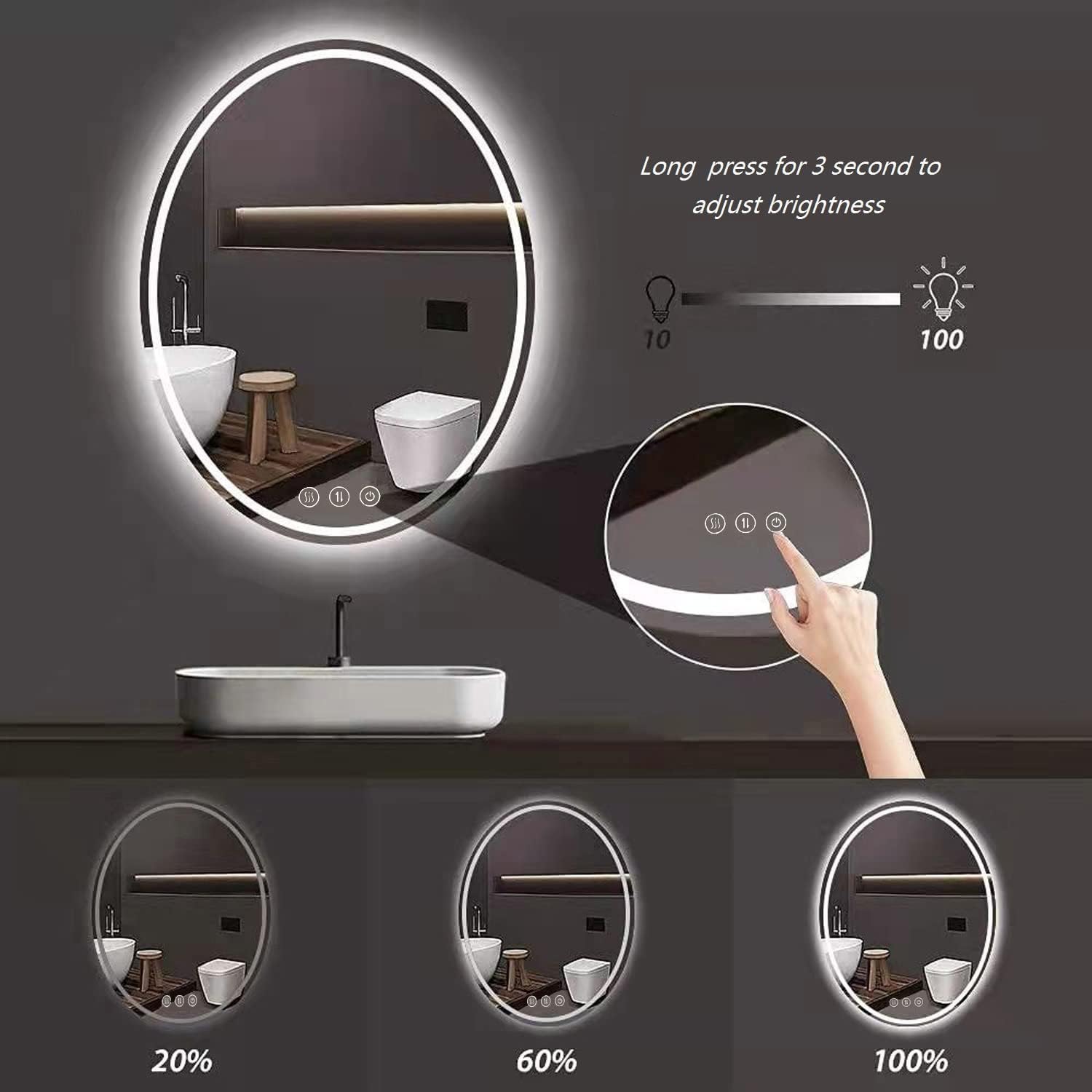 Large Oval Bathroom Mirror with Lights LED Lighted Bathroom Vanity Mirror 32 x 24 Inch Wall Mounted Vanity Mirror with 3 Color Lights Anti-Fog Waterproof & Smart Plug-in Mirror for Wall