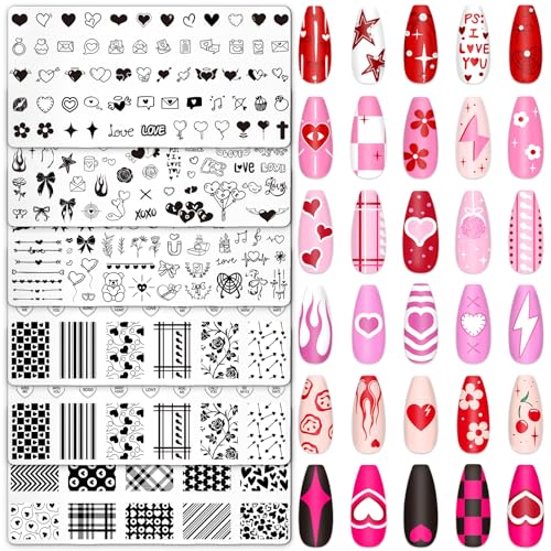 Whaline 6 Pcs Valentine's Day Nail Plates Stamping Set Love Heart Stamp Templates Nail Art Plates for DIY Print Manicure Salon Design