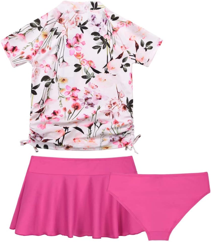 Cadocado Girls Swimsuit Rash Guard Girls' Swimwear Short Sleeve Bathing Suit 3 Pieces Kids Floral Swim Set with Skirt - Image 3