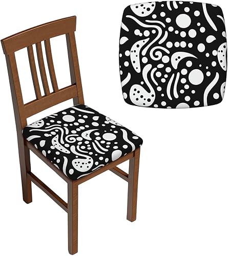 NONHAI Juego de 4 fundas de asiento para sillas de comedor, color blanco y negro, con círculos abstractos elásticos y extraíbles, fundas de cojín