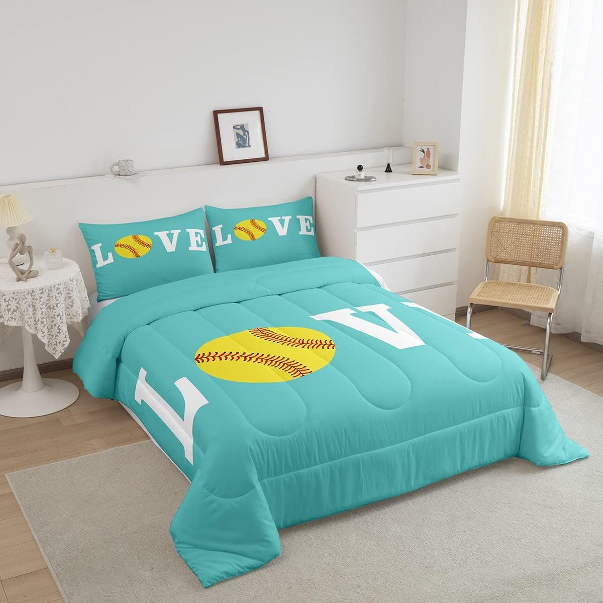 Feelyou Softball Bedding Set for Softball Lover Ball Sports Theme Comforter Girls Women Bright Teal Yellow Room Decorative Comforter Set Twin Size Girly Duvet Set 2Pcs Quilt Set