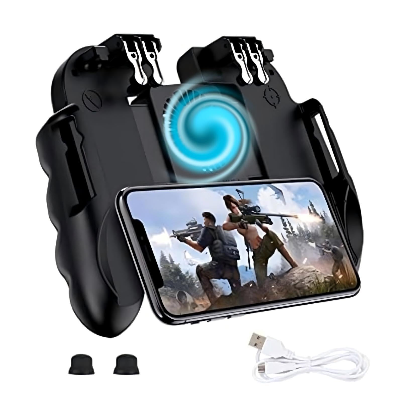 Risegun Controlador de Juegos Móvil, Controlador de Gamepad Móvil Portátil para PUBG, Mando Mobile Controller 6 Dedos con Ventilador de Refrigeración, Negro