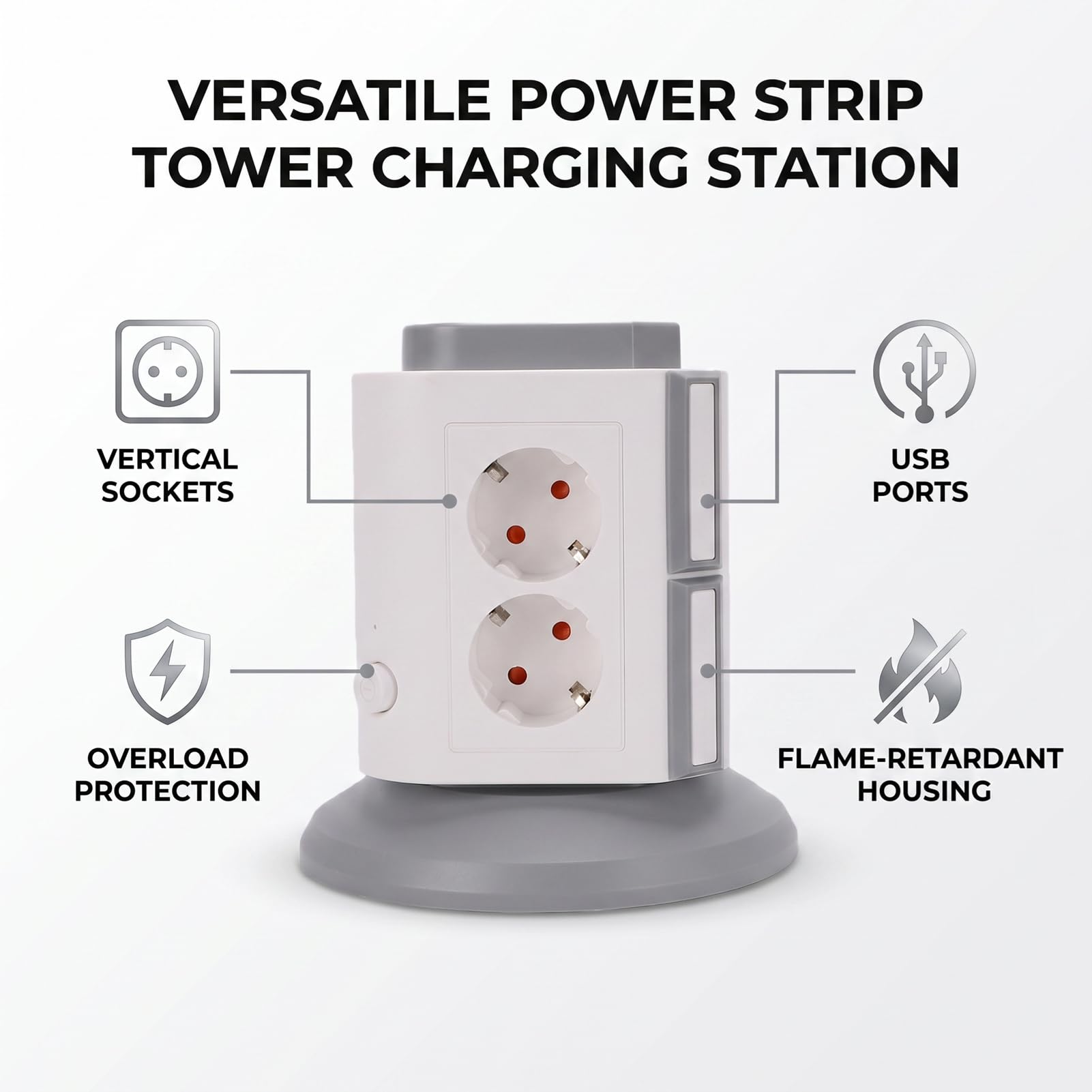 FTVOGUE Torre Regleta Vertical con 6 Puertos USB Cable de 2m (Enchufe de