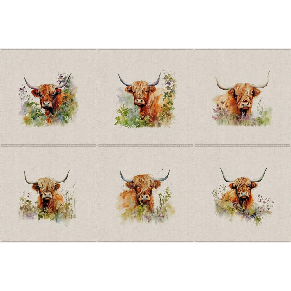 Cotton Rich Linen Look Fabric Digital Hedgerow Highland Cow Cows Farm Panel (Sold Per 6 Panels)
