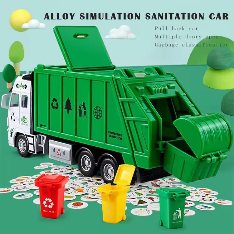 Image of 1:38 Sanitation Garbage Truck Kids Diecast Metal City Sanitation Garbage Truck- Friction Powered, Garbage Truck with Top Open Dumper Garbage Lifter Truck