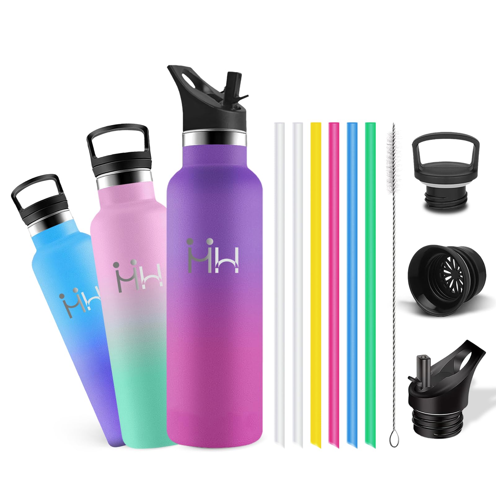 Trinkflasche Edelstahl, Wasserflasche 500ml, Flasche mit 6 Strohhalme | Trinkflasche mit Strohhalm Bürsten, 100% Auslaufsichere, Thermosflasche mit 1,Klick,Öffnung, für Travel, Outdoor, Schule