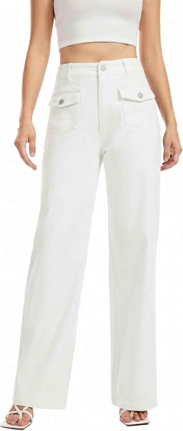 Women's Wide Leg Jeans High Waisted Stretchy Pockets Front Straight Leg Y2K Jeans Long Trousers