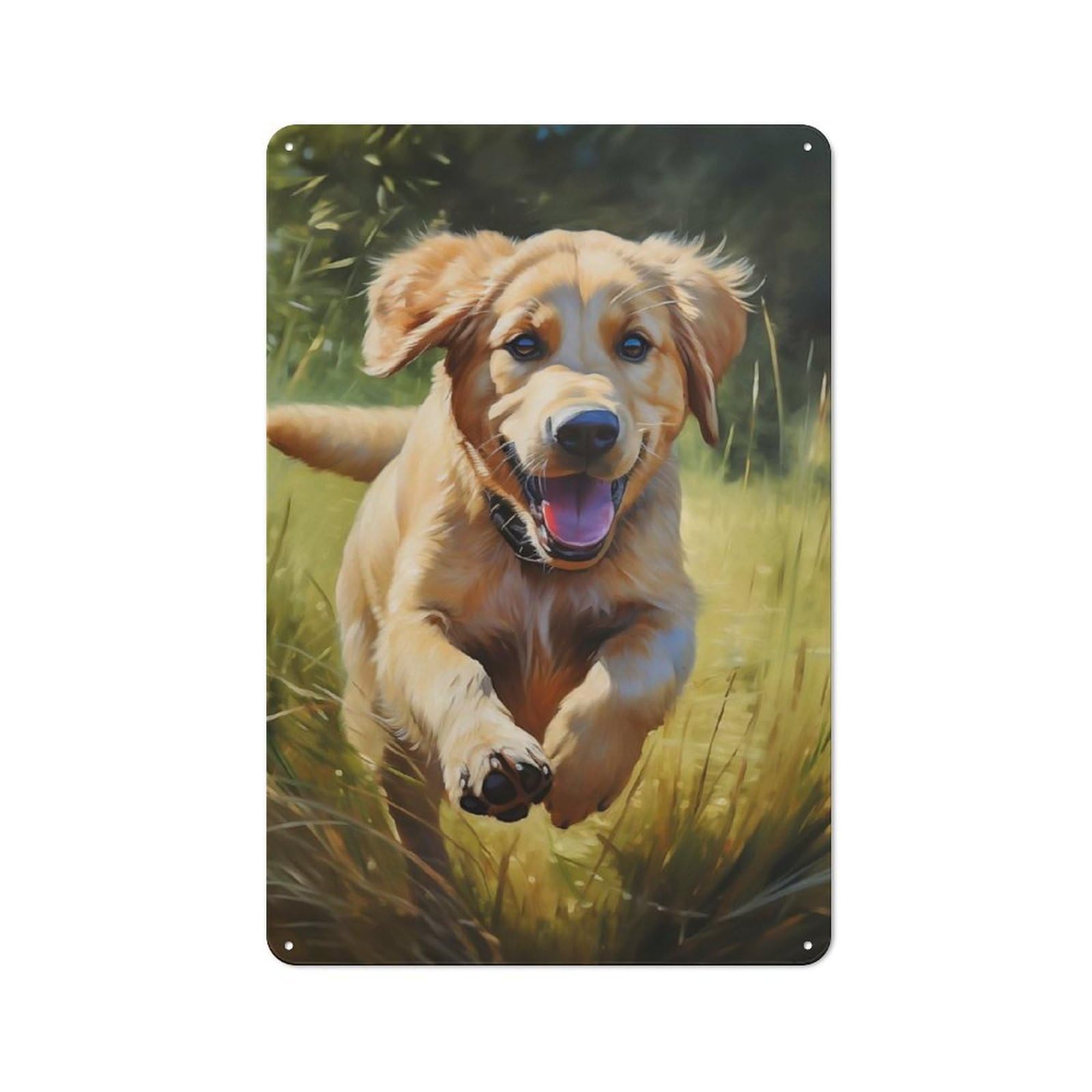 Tin Wall Plaque 30x20cm with Labrador Retriever Puppy Running Through Grass for Garage Or Workshop, for An Autumn Wall Display in Garage And Workshop