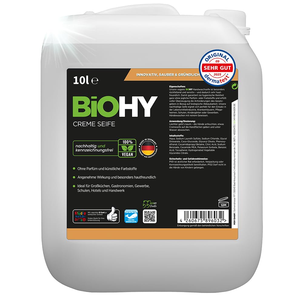BiOHY Creme Seife (10 Liter Kanister) | Hautschonende, rückfettende & geruchsneutrale Handseife | flüssiger Nachfüllpack mit pflanzlichen Inhaltsstoffen | auch für das Gesicht geeignet