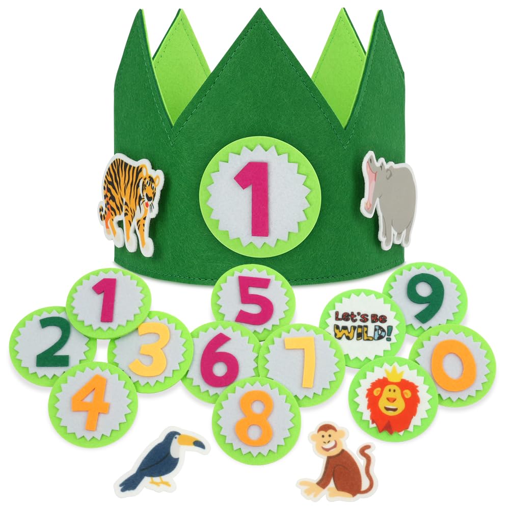 URAQT Birthday Crown for Kids, Reusable Party Hat Crown with Interchangeable Number from 0 to 9 and Jungle Felt, Felt Happy Birthday Hat, Tiara Headbands Gifts for Boys Girls, Green — image 1