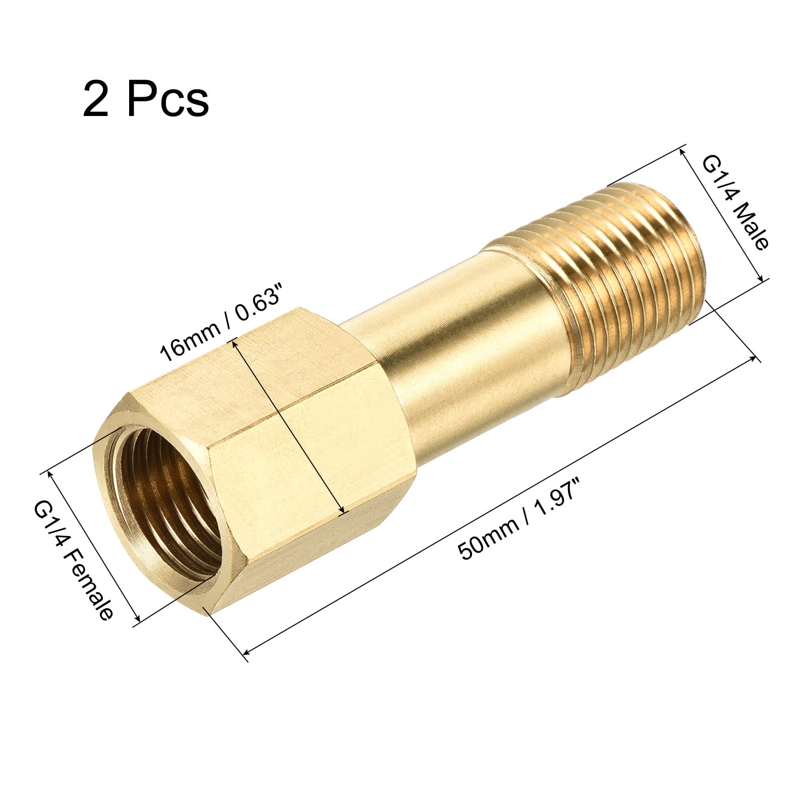 sourcing map 2 sztuki mosiężnych rur złącze śrubowe G1/4 gwint wewnętrzny na gwint zewnętrzny G1/4 adapter 50 mm długość złączka przedłużająca sześciokątna złączka rurowa