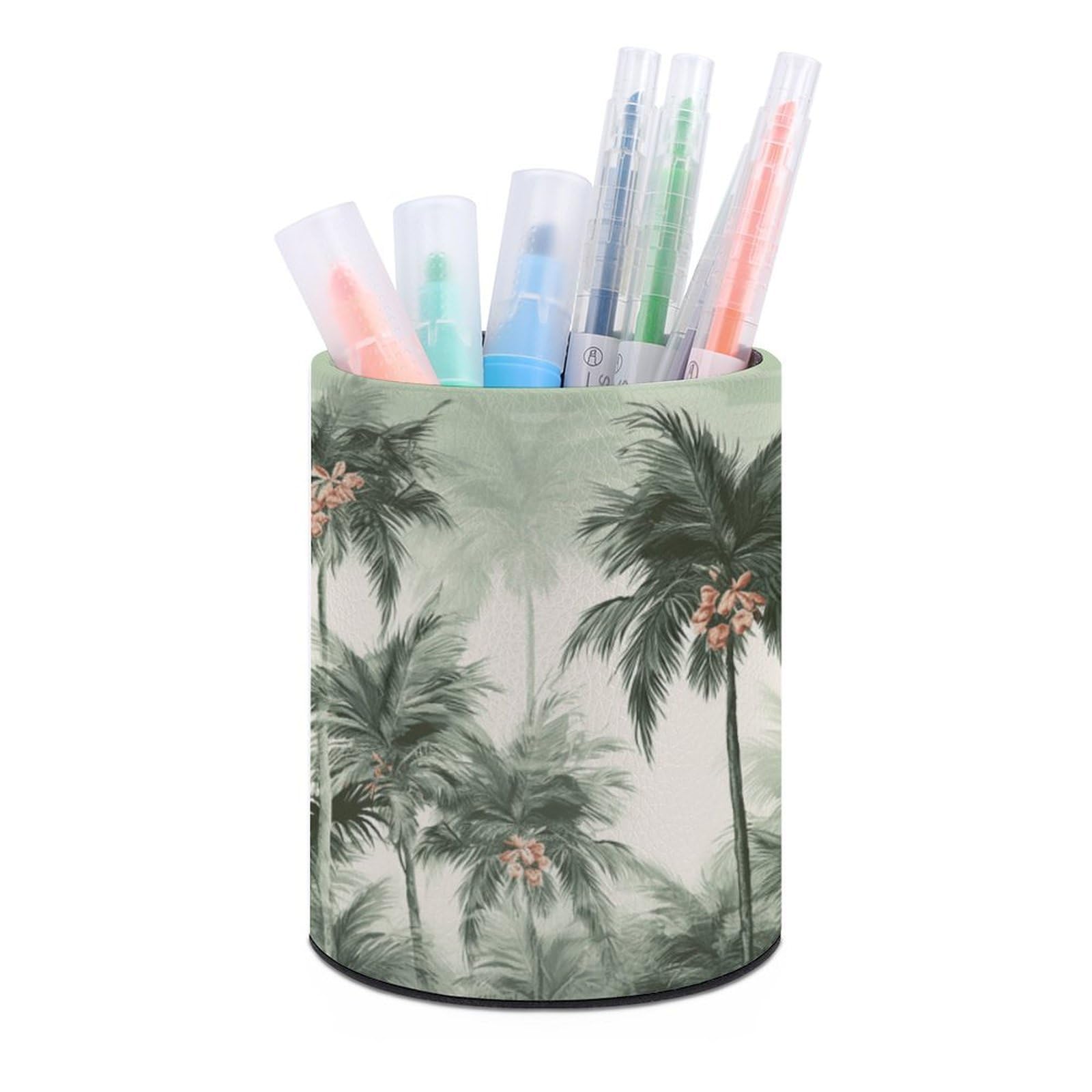 VstaDank Tropical Palm Trees Pen Holder PU Leather Pencil Cup Minimalist Desk Pencil Holder Round Make Up Brush Organizers For Office Dorm Room&Vanity Desk Accessories