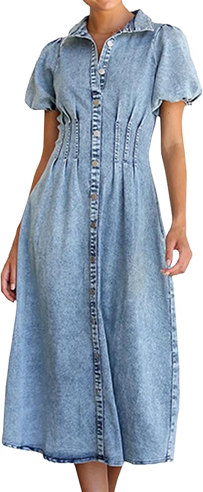 knee length dresses for ladies Indigo Denim Short Sleeve Midi Dress main image 0