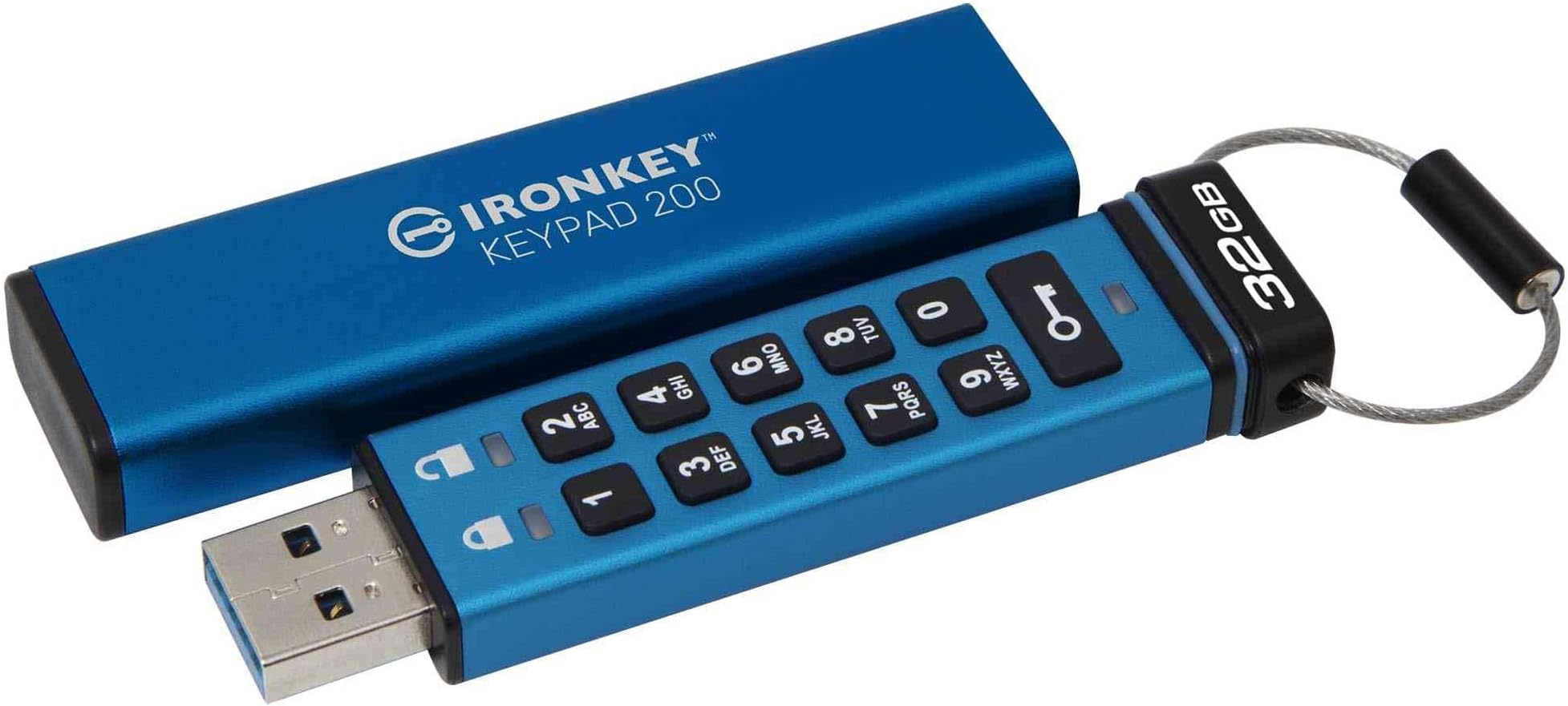 Kingston Ironkey Keypad 200 32GB Encrypted USB | Alphanumeric Keypad | Multi-Pin Access | XTS-AES 256-bit | FIPS 140-3 Level 3 Certified | Brute Force & BadUSB Protection | IKKP200/32GB,Blue