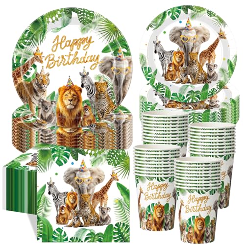 Ziliny 250 Pcs Safari Birthday Decorations for 50 Guest, Jungle Animals Paper Plates Zoo Napkins and Cups for Safari Happy Birthday Party Decoration Wild Animals Lion Tiger Theme Tableware