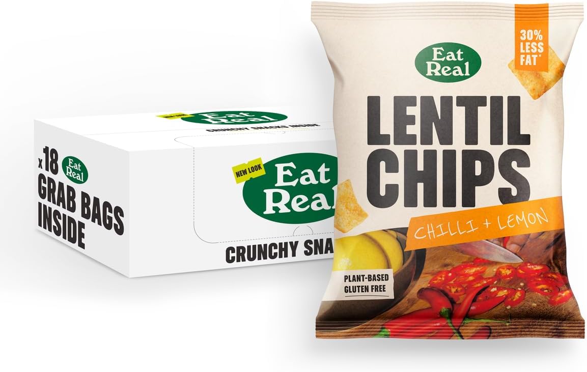 Eat Real, Lentil Crisps, Chilli & Lemon, 18 X 40g, Gluten-Free Crisps Multipack, Vegan-Friendly, Healthy Snacks, 30% Less Fat, Chip Snacks