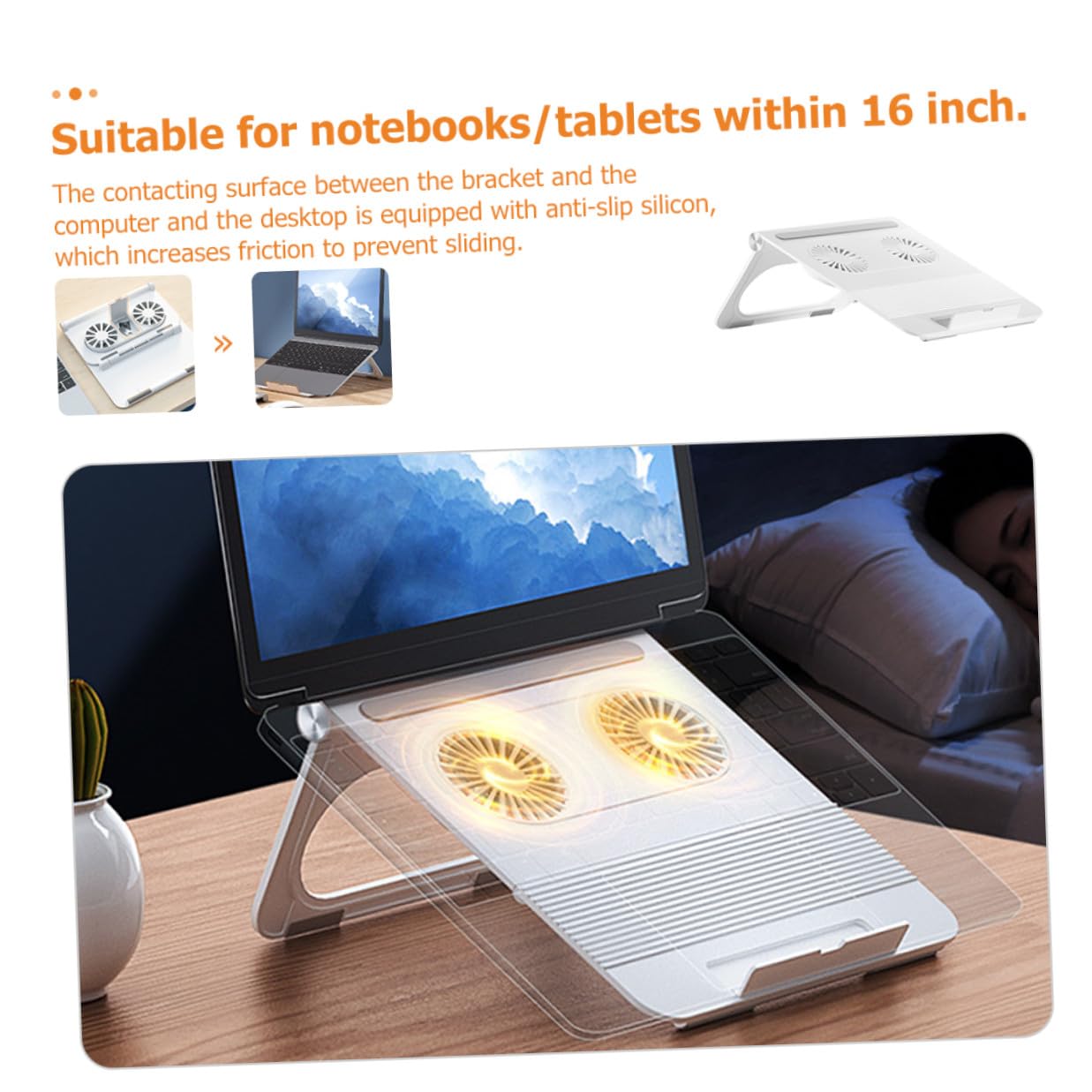 BESPORTBLE Soporte para Portátil Plegable Ventiladores Duales de 3800 Diseño Triangular Estable Silicona Antideslizante Soporte Ajustable para Ordenador Portátil y Refrigeración