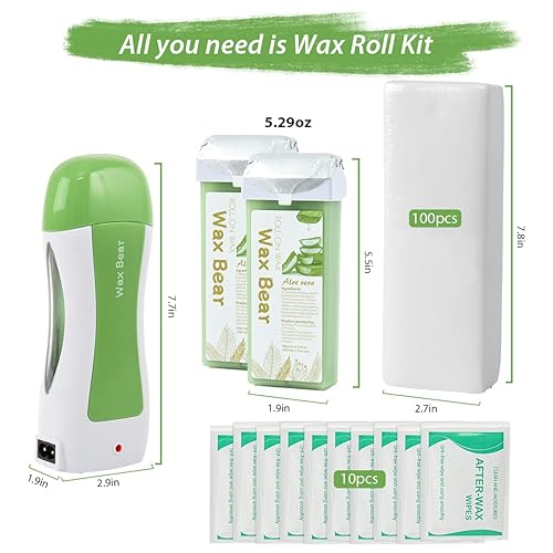 Miniatura 2 de Kit de cera enrollable, kit de rodillo de cera depilatoria para pieles sensibles, calentador de cera suave con 2 cartuchos, 10 toallitas y 100 tiras
