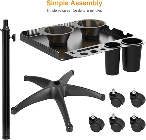 Miniatura 8 de Bandeja de salón con ruedas con 2 cuencos magnéticos, bandeja de aluminio de metal rodante, altura ajustable para estilista, bandeja de herramientas