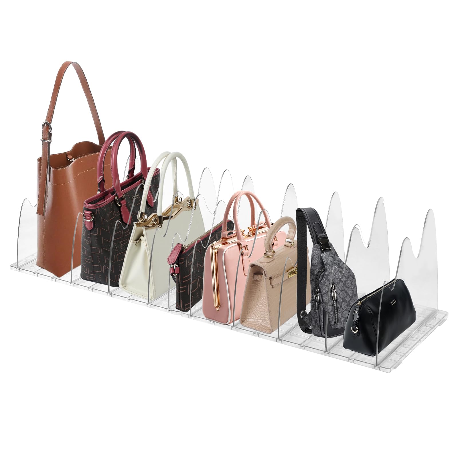 indiedouker 9 Slots Adjustable Acrylic Purse Organizer for Closet,10 Shelf Dividers for Closet Organization,Handbag Storage Organizer Closet Dividers
