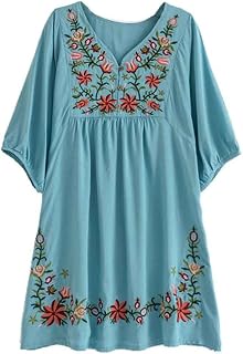 Summer Dress V Neck Mexican Embroidered Peasant Women's Dressy Tops Blouses