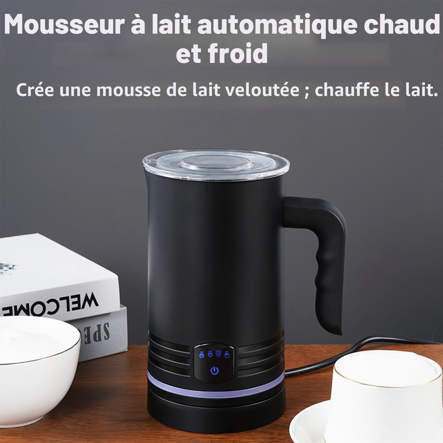 Mousseur à lait électrique 4 en 1, 430 ml mousseur à lait automatique chaud et froid et chauffe-lait pour cappuccino, latte, moka, macchiato