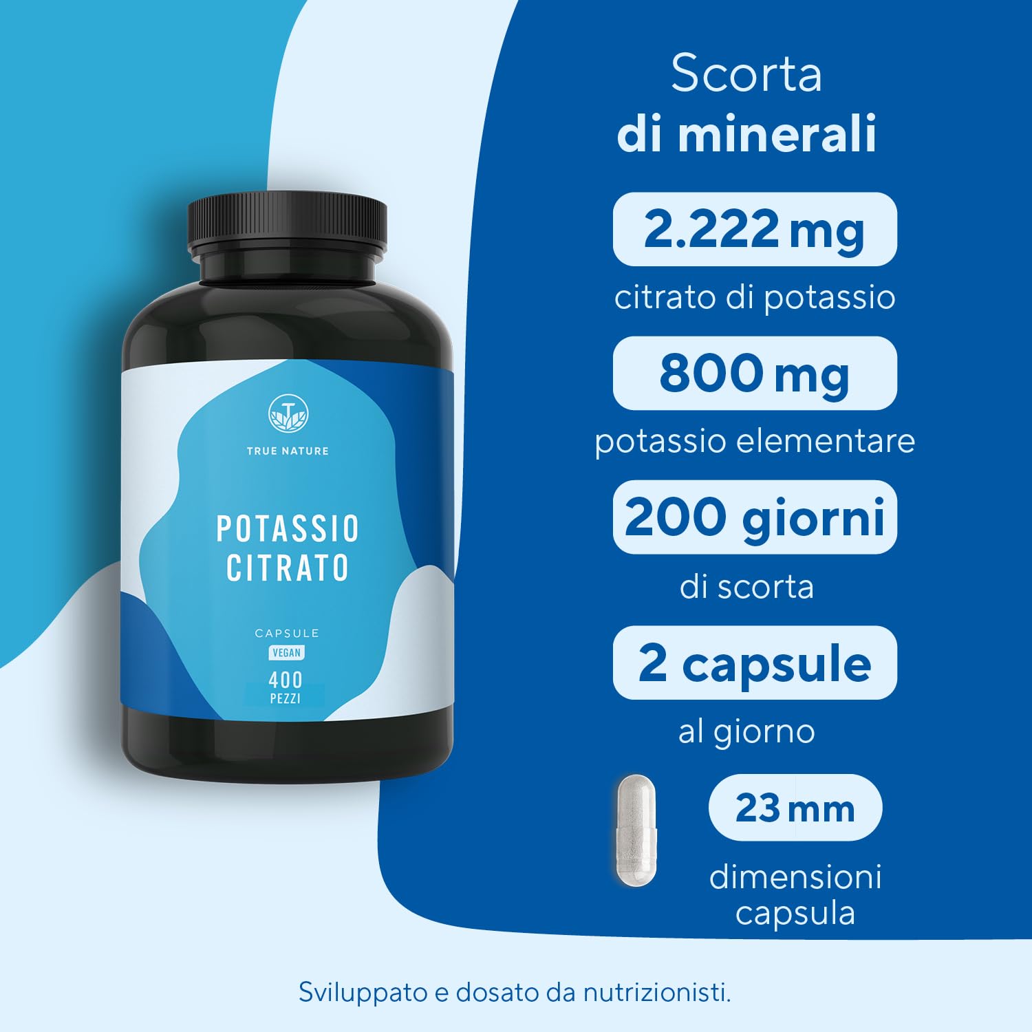 Potassio – 2.222 mg al giorno – 400 capsule – Citrato di potassio con potassio elementare – Scorta per 6 mesi – Vegano e senza additivi - testato in Laboratorio, produzione Tedesca – TRUE NATURE®