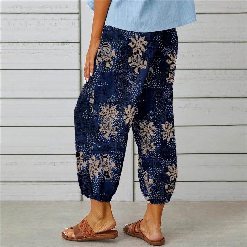 Women's Summer Linen Pants Floral Print Elastic Waist Cropped Pants Drawstring Capris Beach Trousers with Pockets4