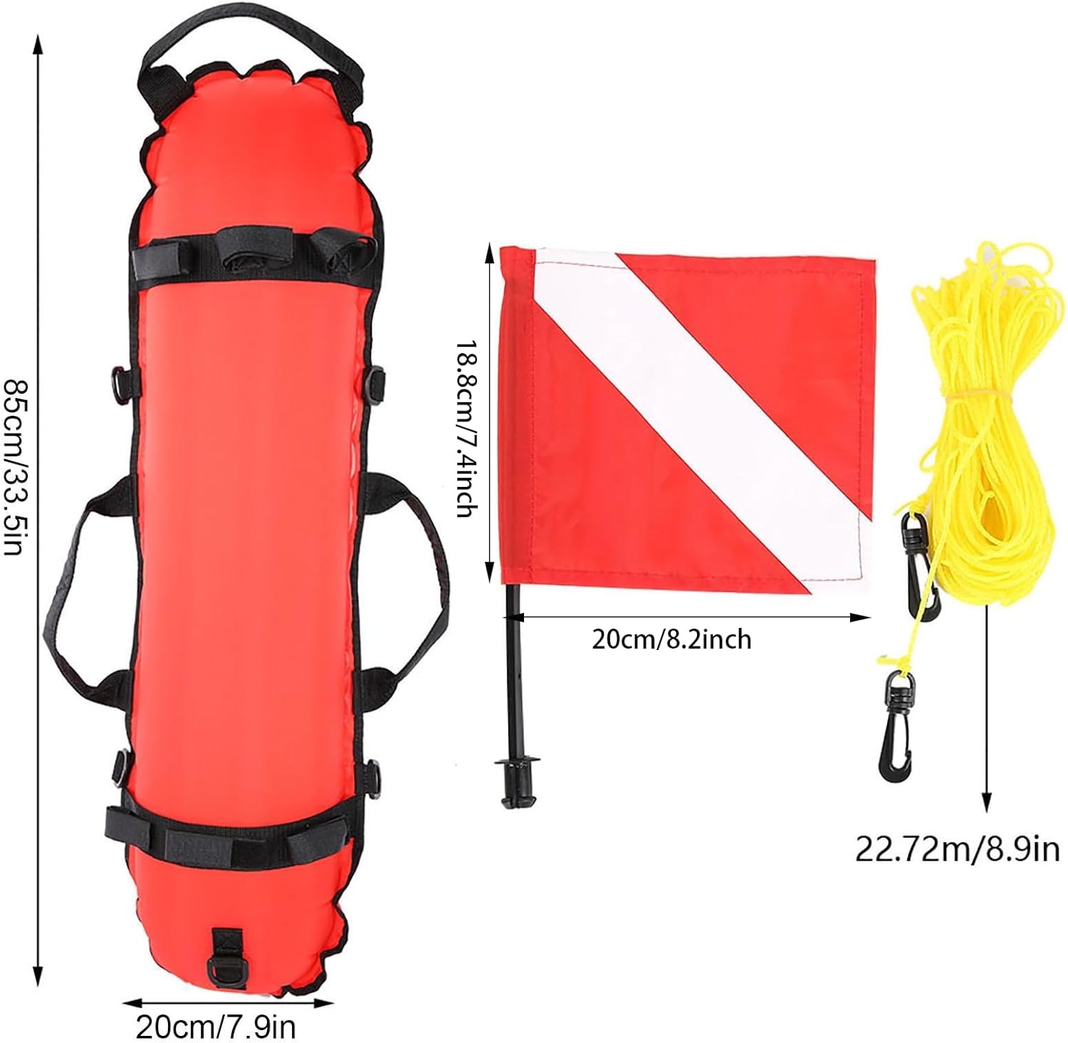 Inflation Torpedo Buoy, Scuba Diving Inflation Torpedo Buoy Signal Float Ball & Flag with 82ft Rope, spearfishing float Inflatable Surface Marker Buoy (SMB) for Spearfishing, Freediving, Snorkeling