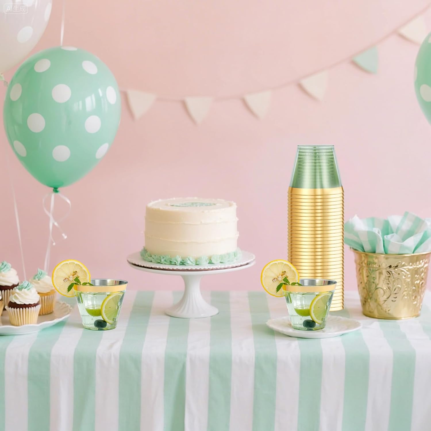 supernal 100 Pack Green Plastic Cups, 9 Oz Clear Green Disposable Cups with Gold Rimmed - Plastic Wine/Cocktail Glasses, Disposable Bridal/Shower Baby Shower Cup Perfect for Party & Wedding - Image 7