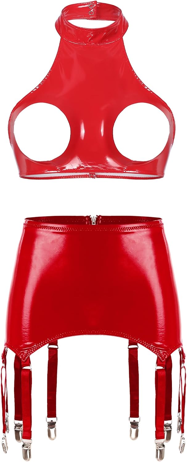 Women's Leather Lingerie Sets Harness Cage Bra Tops with Mini Garters Skirts for Nightclub