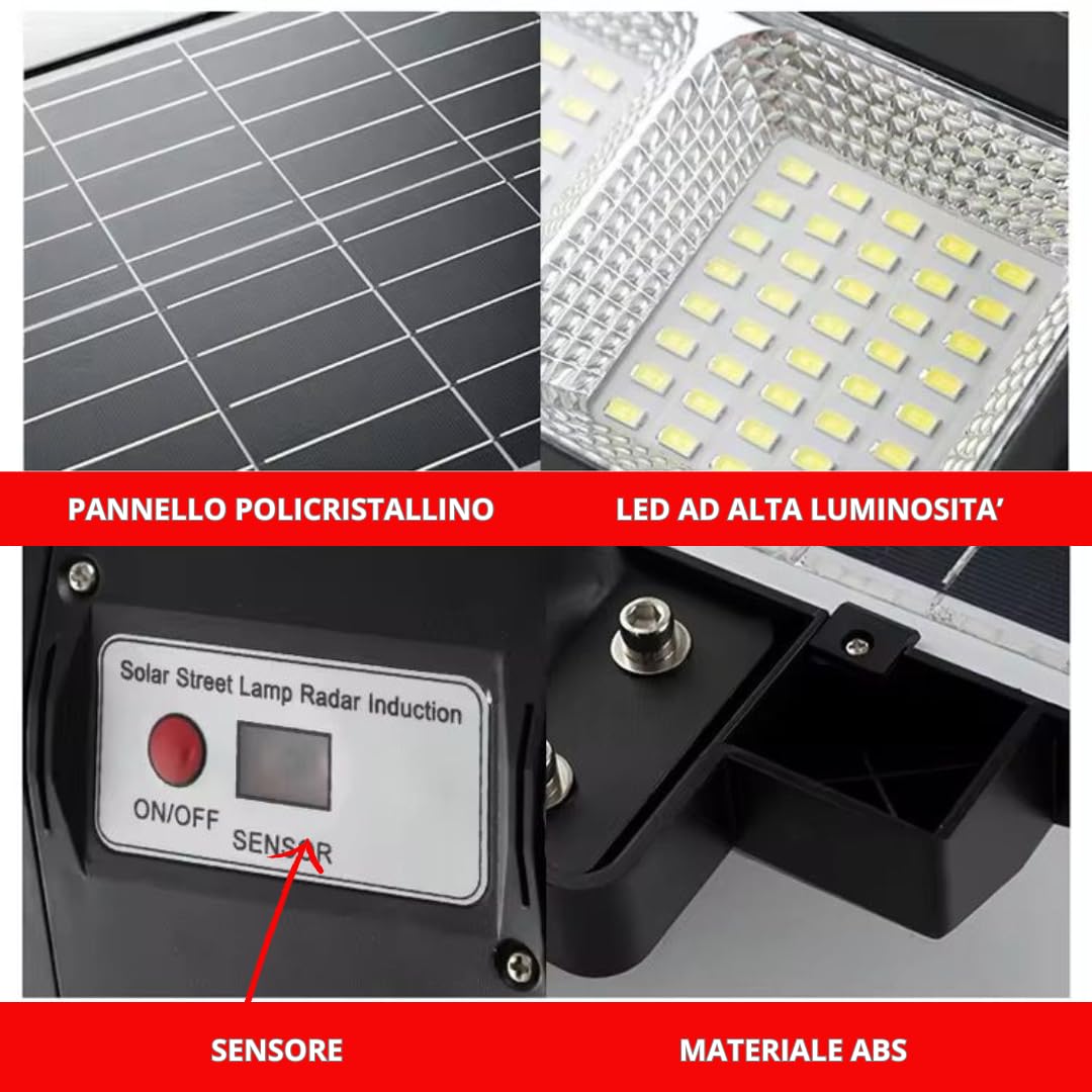 DE ROSA SHOP Lampione LED Esterno con Pannello Solare 1200W, 6500K Bianco Freddo e Sensore Di Movimento 18000mAh, Telecomando + Staffa IP65 Impermeabile