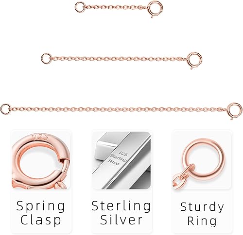 Miniatura 73 de Extensor de collar de plata de ley 925, extensores de cadena de collar para mujer, pulsera de cadena, extensión de joyería para collares, juego de 3