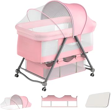 2025 Mode, Supervised by Nursery Caregiver, Folding Bed, Baby Rack, Infant Bed, Newborn Bed, 3 Modes, No Assembly Required, Mosquito Net, Mat, Diaper Changing Base, Storage Basket, Caster